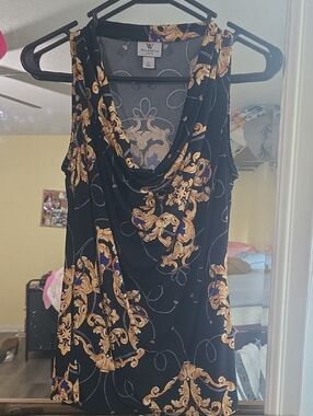 Worthington Black Cowl Neck Tank with Gold Baroque Print